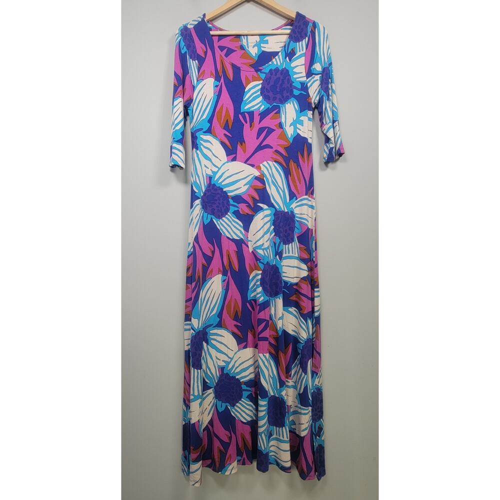 Soft Surroundings Womens S Petite Serena Floral Stretch Maxi Dress Blue
